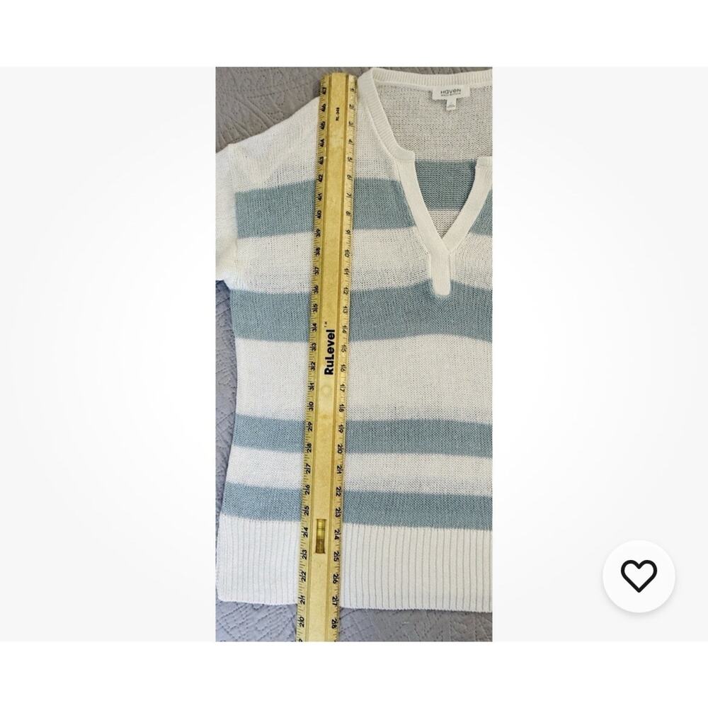 Haven Well Within Sz L Blue Striped V neck Linen, Org Cotton Coastal LS Sweater - Picture 7 of 8